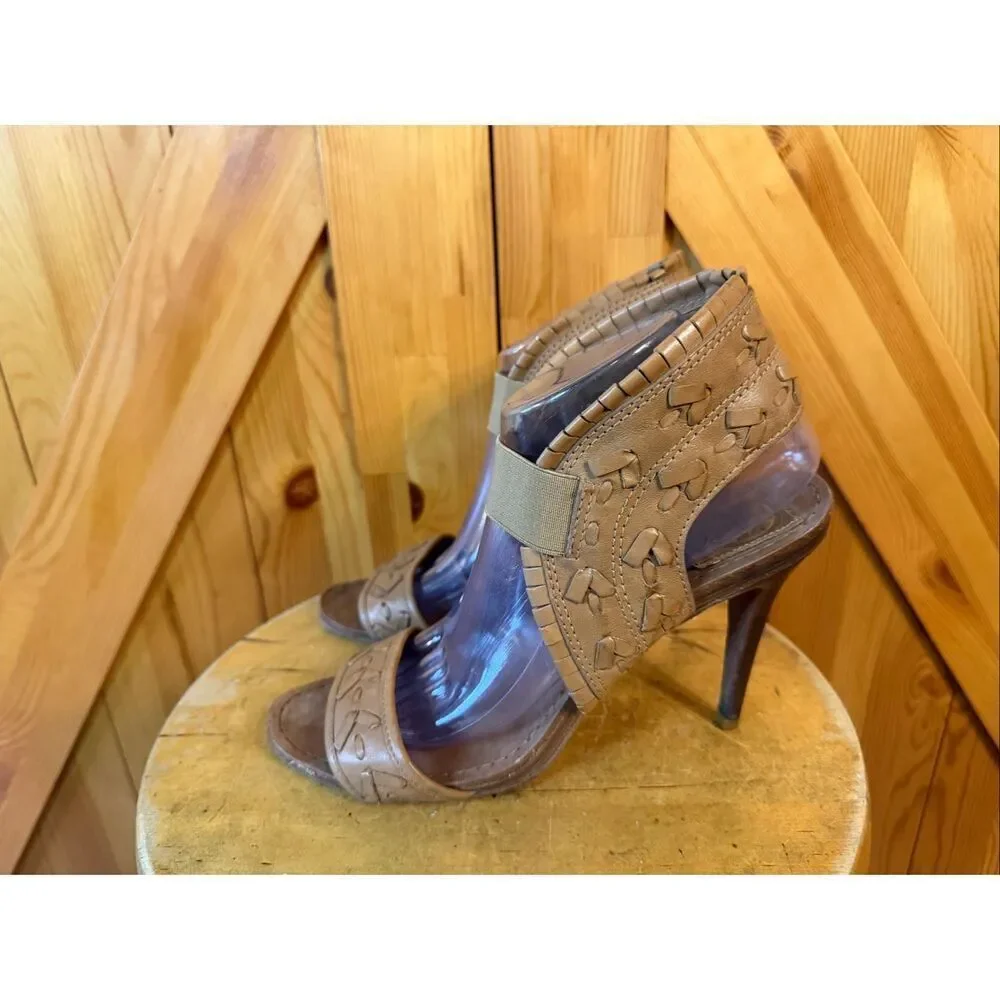 Tory Burch woven leather heels Light Brown Size 10.5M Ankle Cuff Elastic
